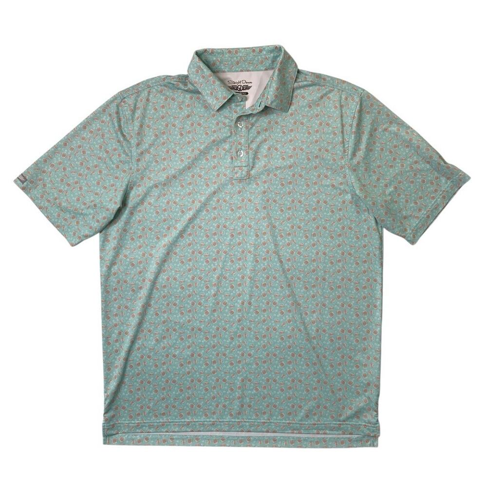 Straight Down Polo Shirt Mens L Large Aruba Blue Whiskey Glass Cocktail Golf